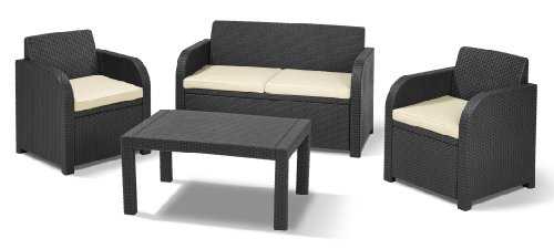 Keter Carolina Outdoor 4 Seater Rattan Lounge Table Garden Furniture Set - Graphite with Cream Cushions