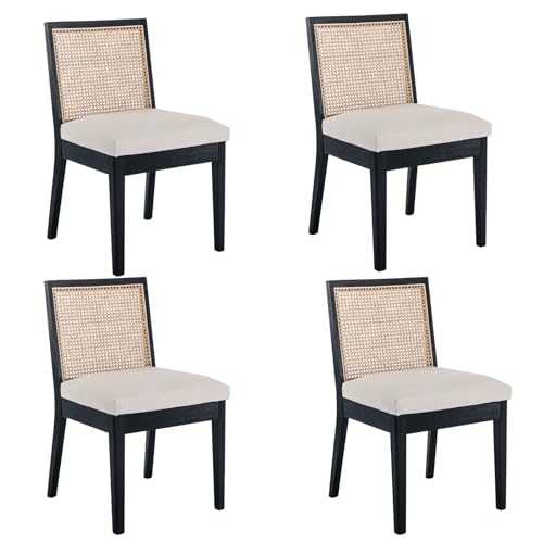 Wahson Rattan Dining Chairs Set of 4 Mid Century Modern Kitchen Chairs with Solid Wood Legs, Upholstered Side Chairs for Dining Room, Black