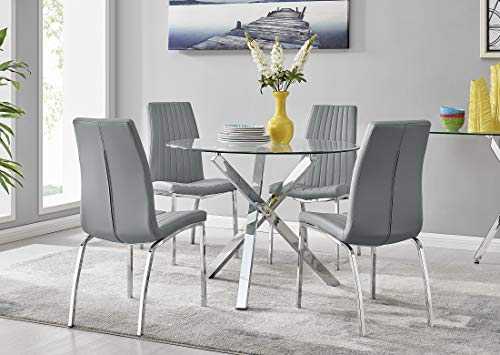 Furniturebox UK Selina Modern Round Square Leg Metal And Clear Glass Dining Table And 4 Luxury Isco Dining Chairs Set (Dining Table + 4 Elephant Grey Chairs)