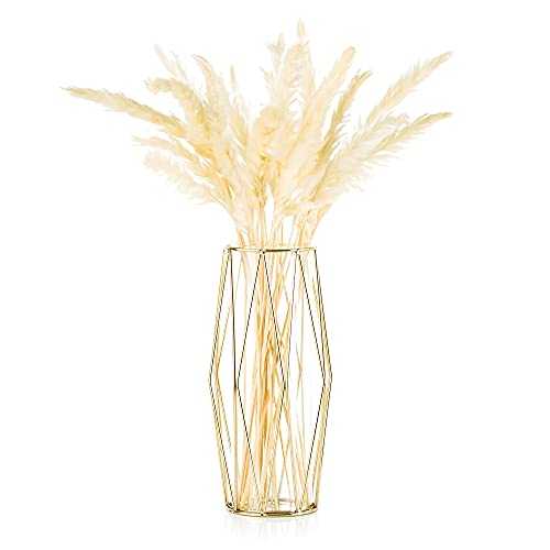Glass Vase for Flowers Gold, Modern Large Vases for Pampas Grass with Geometric Metal Rack for Artificial Fake Hydroponics Living Room Dining Table Decoration Wedding Centrepiece Ornaments