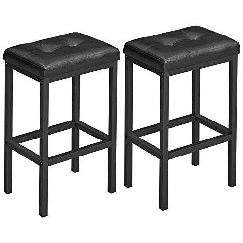 VASAGLE Bar Stools, Set of 2 PU Upholstered Breakfast Stool, 15.7 x 11.8 x 24.4 Inches, Backless, Simple Assembly, Industrial, Dining Room Kitchen Counter Bar, Black Seat and Black Frame ULBC068B81
