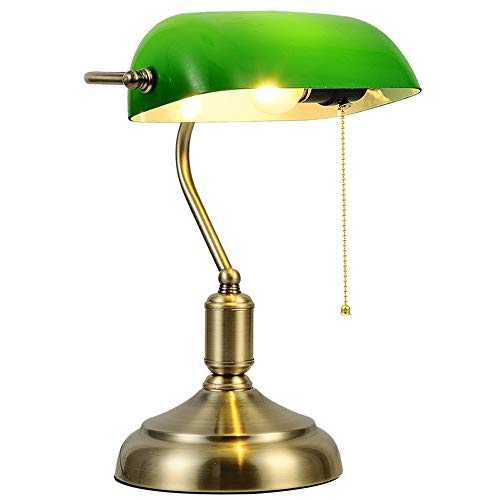Art Deco Classic Antique Table lamp, Retro Bankers Lamp Gold and White with Green Shade Glass,Steel Round, Globe, Oblong, E27 Indoor Lighting, Lights, Lamps, Living Room,Green