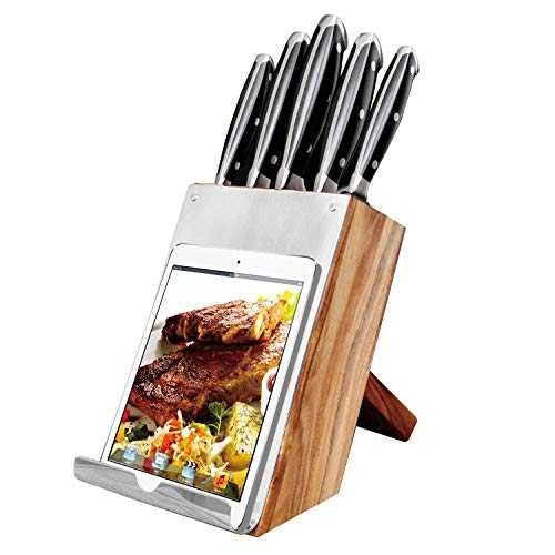 Bill.F Kitchen Knife Set, German Stainless Steel 5-Piece Kitchen Chef Knives Set, Wood Knife Block Set with Stainless Steel Stand for Recipe and Ipad
