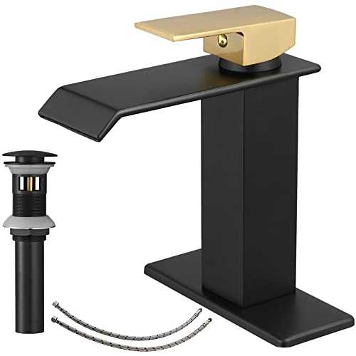 Bathfinesse Bathroom Sink Faucet Black and Gold Modern Waterfall Single Handle 1 or 3 Hole with Plate Pop Up Drain Assembly Commercial Vanity Basin Faucet Mixer Tap Deck Mount
