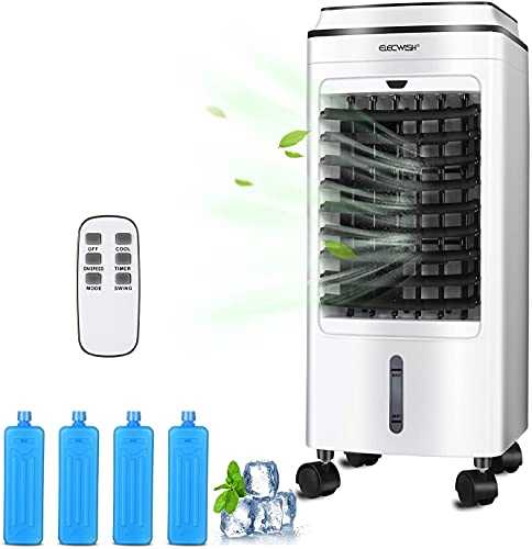 ARTETHYS Evaporative Air Cooler, Mobile Portable Air Conditioners with Remote Control, 3 Fan Speeds and Moeds Auto Adjust Fan Blades Cooler Fan with Four Ice Crystals, 8H Timer Function（4L）
