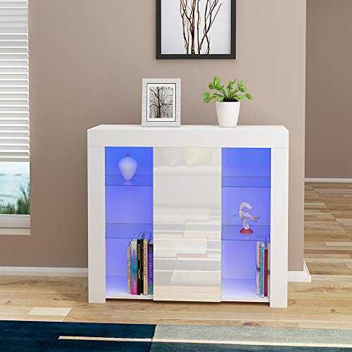 Modern Cabinet Cupboard Unit With RBG LED High Gloss Front Living Room Storage Unit with 1 Door Sideboard Display (White)