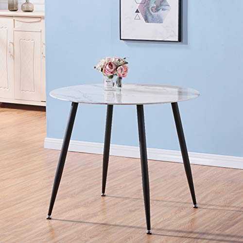 GOLDFAN Round Marble Dining Table Modern Glass Kitchen Table with Black Metal Legs for Dining Room Kitchen Furniture,90CM