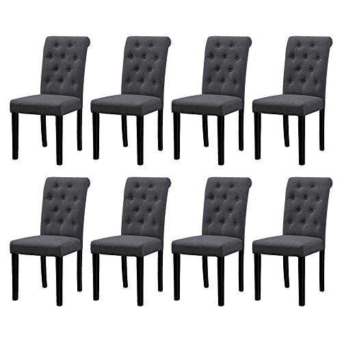 Huisen Furniture Modern Set of 8 Dining Room Chairs Dark Grey Kitchen Fabric Upholstered Chairs with Black Wood Legs Soft Padded Seat Chairs Studded with Button for Restaurant Lounge