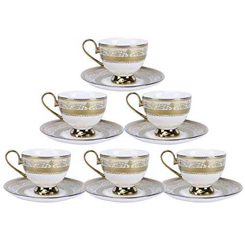 fanquare Set of 6 Coffee Cups and Saucers Set, Golden Flowers Ceramic Tea Cups Set for Adults