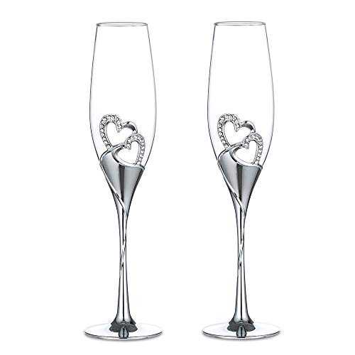 Nuptio Set of 2 Silver Champagne Flutes, Wedding Glasses Creative Heart Champagne Glasses Set for Bride & Groom, Toasting Cups Gift Sets for Couples - Engagement, Wedding, House Warming Gift