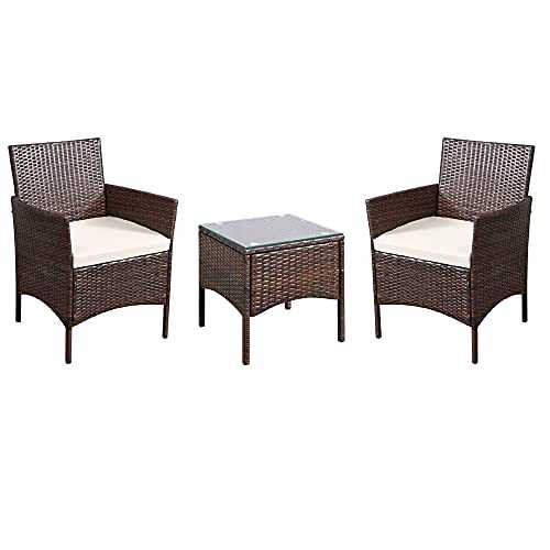 Fit4home Garden Furniture Set with Cushions 3 Piece Rattan Wicker Waterproof/Weatherproof Table and 2 Chairs for Indoor Outdoor Patio Conservatory | RJ6028 Brown