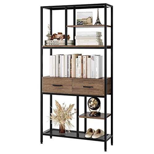 HOCSOK Bookshelf Industrial, 5 Tier Bookcase with Metal Frame and Drawers, Wooden Bookcase Storage Cabinet for Home and Office