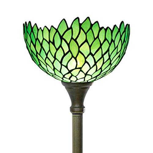 Tiffany Floor Lamp Torchiere Uplight 66" Tall Industrial Bronze Pole Vintage Boho Green Stained Glass Wisteria Retro Standing Corner Bright Torch Light Living Room Kids Bedroom Farmhouse WERFACTORY