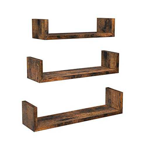 VASAGLE Wall Shelves, Set of 3, Wall-Mounted Floating Shelves for Decorations, U-Shaped, Vintage-Style, in the Living Room, Bedroom, Office, Rustic Brown LWS034X01, 9D x 40W x 10H cm