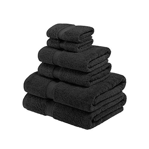 Superior Solid Egyptian Cotton Towel Set, Face Cloth 13" x 13", Hand Towels 20" x 30", Bath Towels 30" x 55", Black (6 Pieces)
