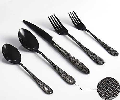 20 Piece Cutlery Set, Black Stainless Steel Cutlery Set Silverware Set with Spoon Knife and Fork Set Service for 4，Unique Pattern Design Ideal for Camping/Home/Party Dishwasher Safe