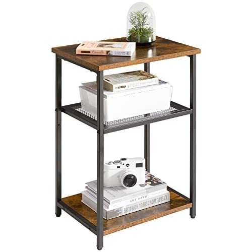 IBUYKE Side Table, 3-Tier End Table, Industrial Nightstand Small Table with Storage Shelf, Bedside Table for Bedroom, Living Room, Hallway, with Metal Frame, Rustic Brown TMJ403H