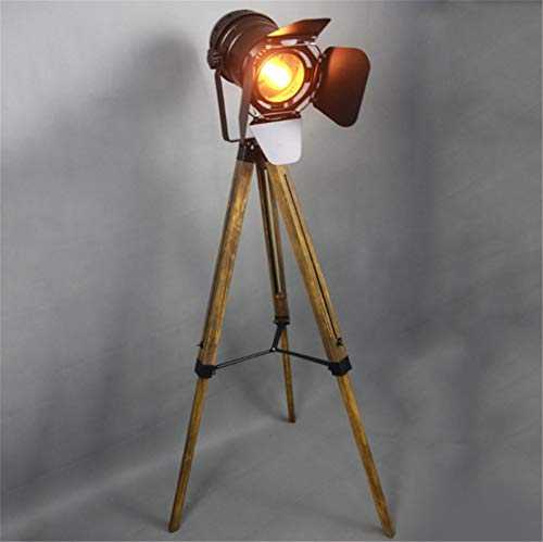 Floor Lamp Industrial Retro Steampunk Searchlight Height Adjustable Rotatable Shade E27 Single Head Black Wrought Iron Do The Old Wooden Tripod Standing Lamp with Foot Switch for Living Room Bedroom
