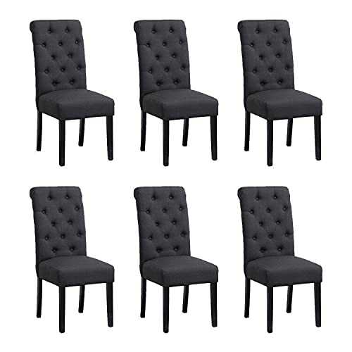 BOJU Grey Fabric Dining Chairs Set of 6 Soft Kitchen Chairs Side Chairs with Fabric Upholstered Padded Seat Studded Button (Dark Grey, 6)