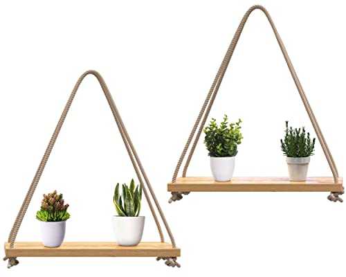 Modern Set of 2 Wooden Floating Shelves with String – Farmhouse Hanging Shelves for Living Room Wall – Bamboo Kitchen Shelves with Rope – 17”x5.2” – Natural Bamboo Color