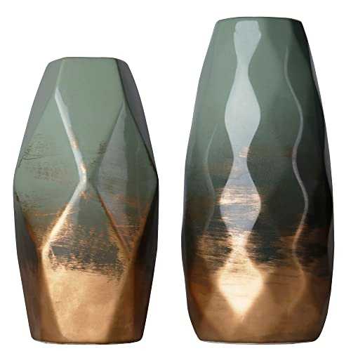 TERESA'S COLLECTIONS Modern Ceramic Vases Set of 2, Green and Gold Geometric Vase for Home Decor, Stonewere Decorative Vase for Flower, Living Room, Mantel, Table, Bedroom Decor, 7.9" & 9.3" Tall