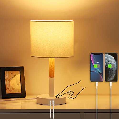 EDISHINE Touch Control Bedside Table Lamp with 2 USB Charging Ports, Modern Bedside Lamp with Fabric Shade, Desk Lamps for Reading, Bedroom, Living Room, Study, Office, E27 Base, White