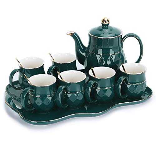 fanquare 8 Pieces Green British Porcelain Tea Sets, Ceramic Tea Service for Adults, One Teapot, Set of 6 Coffee Cup Set with Tray