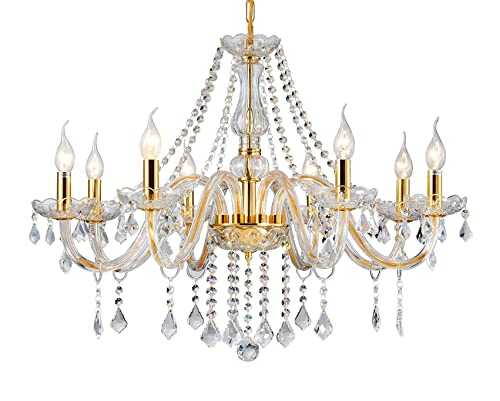 Am- Light Crystal 8 arms Vintage Chandelier Lights Ceiling Light, Clear K9 Crystal with Crystal Droplets, Gold Finish Classic Lighting for Living Room, Dining Area and Stairwell. (Gold)