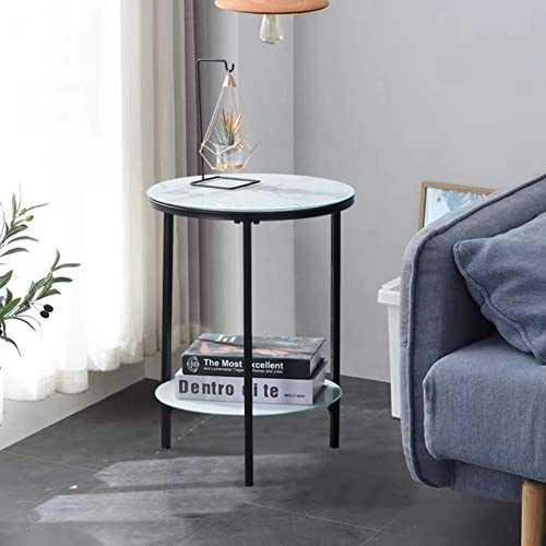 GOLDFAN Marble Effect Side Table Small Round Coffee Table End Table Metal Bedside Table with 2 Tier Storage for Living Room Bedroom