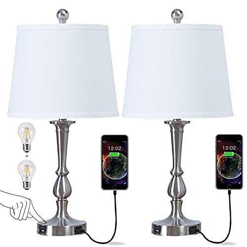 Pauwer Touch Control Table Lamp Set of 2 with 2 USB Charging Ports Dimmable Bedside Desk Lamp with White Fabric Lampshade Nightstand Light for Bedroom Living Room Reading Room Office, 2 Bulb Included