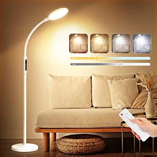 LED Floor Lamp Dimmable, 12W 3 in 1 LED Floor Lamp, Reading Lamp with Remote Control and Touch Switch, 5 Temperatures & 5 Brightness Levels Modern Lamp for Living Room Bedroom Office, White
