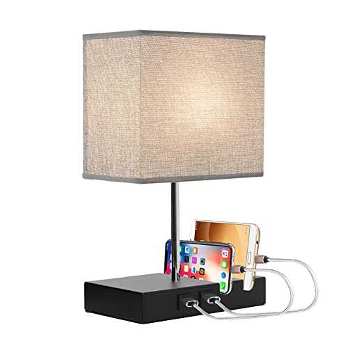 XEMQENER Bedside Table Lamp with 2 USB Charging Ports and 2 Convenient Phone Stand, Modern Nightstand Desk Lamp with Grey Fabric Shade for Bedroom, Guest Room, Living Room, Office, E27 Bulb