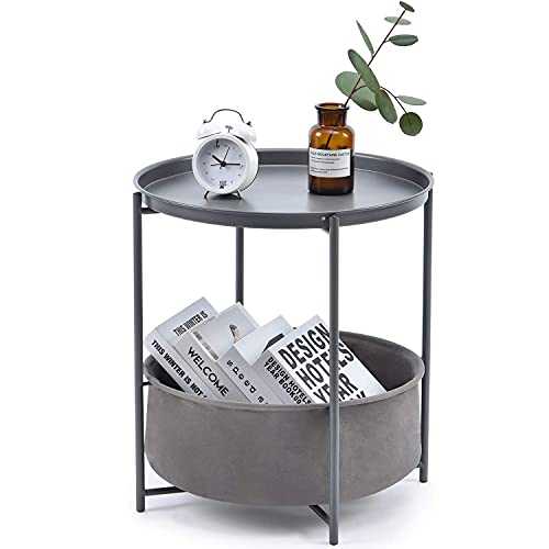 KINGRACK End Table, Metal Nightstand, Coffee Round Table, Sofa Side Snack Table with Detachable Tray Top and Fabric Storage Basket, Scandi Style Table for Living Room Bedroom (Dark Grey)