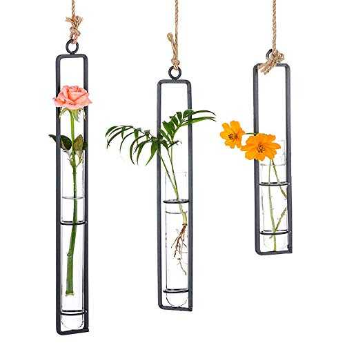 Sziqiqi Set of 3 Hanging Planter Terrarium, Metal Iron Clear glass Test Tube Flower Vases Holder, Wall Hydroponic Plants decor, Decoration for Living Room Bathroom Bedroom Kitchen, S + M + L