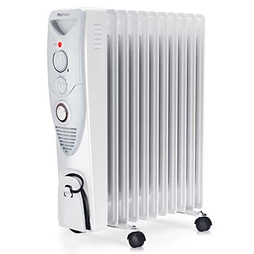Pro Breeze® 2500W Oil Filled Radiator, 11 Fin - Portable Electric Heater - Built-in Timer, 3 Heat Settings, Adjustable Thermostat, Safety Cut-Off & 24 Hour Timer - White