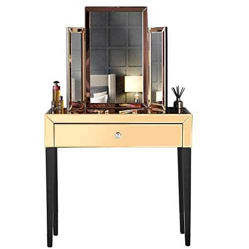CARME - Luxury Mirrored Dressing Table 1 Drawer with Tri-fold Tabletop Mirror Bedroom Set (Rose Gold)