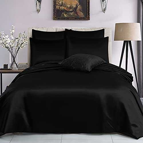 ROOEE Satin Silk Complete Bedding Set - 6 PCS - Fitted sheet, Duvet Cover, 4 Pillow Cases. Color - Black Size - Super King