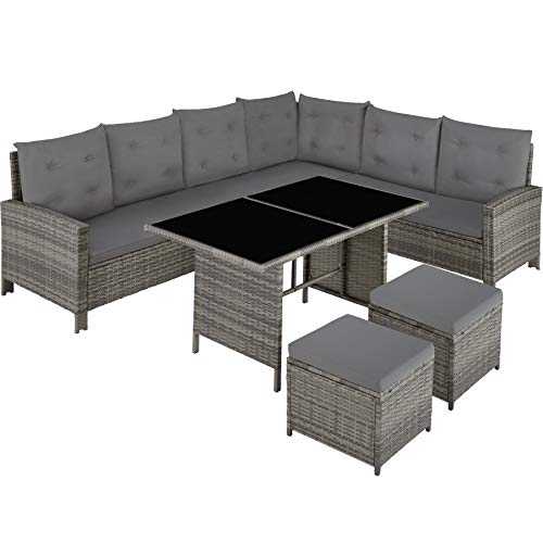 TecTake 800824 Rattan Garden Furniture Set with Corner Sofa, Table and Stool, Outdoor Patio Dining Set, 5 Piece Seating Set, Inc. Seat- and Back Cushions (Grey)
