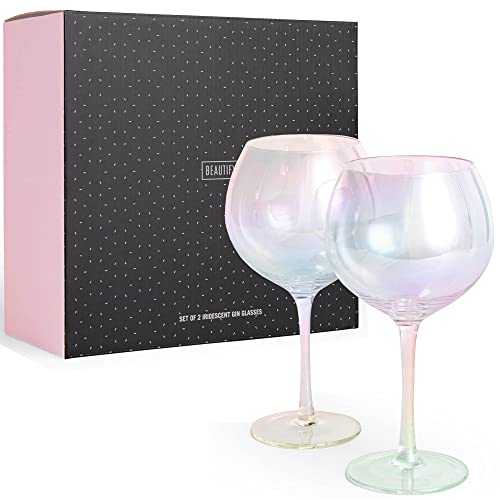 Beautify Large Gin Balloon Glasses - Rainbow-Pearl Iridescent Long Stem Cocktail Glasses – Set of 2 Perfect Gin & Tonic Gift for Women – Comes in Gift Box Ideal for Bridesmaids, Birthdays (650ml)