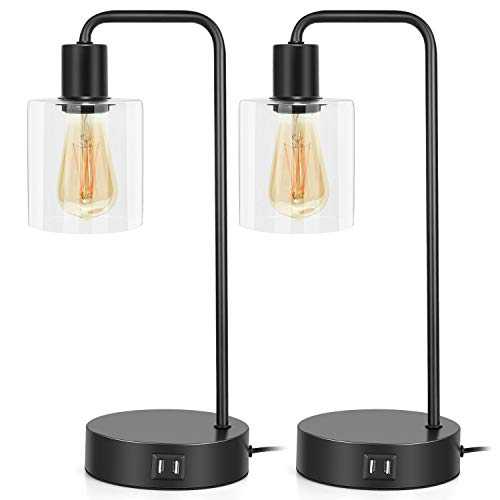 Set of 2 Industrial Touch Control Table Lamps with 2 USB Ports, 3-Way Dimmable Modern Bedside Nightstand Reading Lamps with Glass Shade for Bedroom Living Room Office 2 LED Bulbs Included
