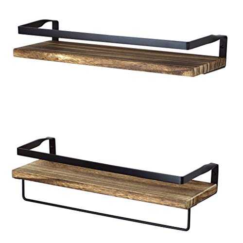 Peter's Goods Rustic Brown with Black Floating Shelves for Bathroom - Wall Mounted Shelves for Bedroom, Living Room, Kitchen Wall Shelves – Solid Wooden Shelves, Set of 2 Floating Shelves with Rail
