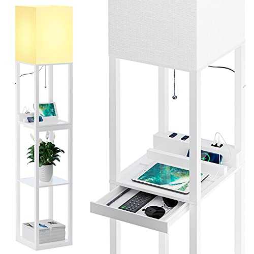 SUNMORY Floor Lamp with Shelves，Shelf Floor Lamp by Solid Wood with USB Port and Outlet，Shelf Lamp with Drawer，Tall & Narrow Tower Nightstand for Bedroom and Living Room （Bulb Included）
