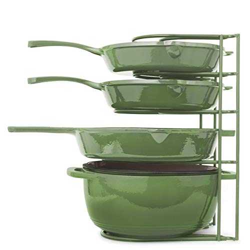 Heavy Duty Pan Rack Organiser - Green - Extra Large 15" / 39cm 5-Tier Kitchen Storage Organizer - Holds 60-LBS / 27 KG of Cast Iron Skillets, Dutch Oven, Pots, Griddles - Durable Steel Construction