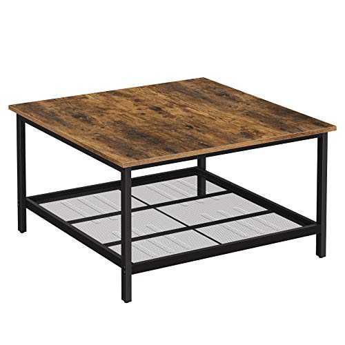 VASAGLE Coffee Table, Square Cocktail Table with Spacious Table Top, Robust Steel Frame and Mesh Storage Shelf, Industrial Style, for Living Room, Rustic Brown and Black LCT065B01