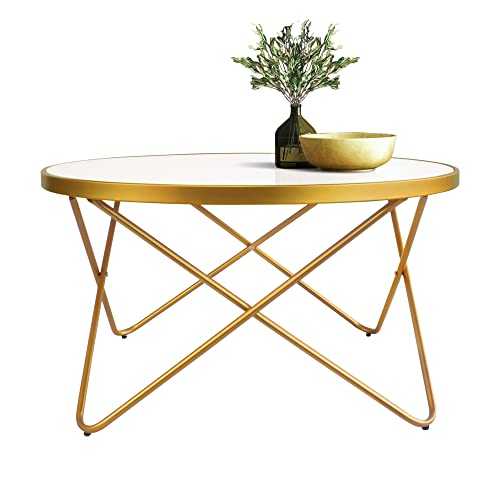 KithKasa Round Coffee Table with White Tempered Glass Mid Century Modern Metal Frame Central Table for Living Room Reception Room Office