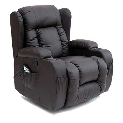 More4Homes CAESAR 10 IN 1 WINGED RECLINER CHAIR ROCKING MASSAGE SWIVEL HEATED GAMING BONDED LEATHER ARMCHAIR (Brown)