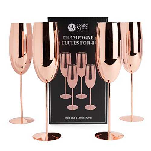 Oak & Steel - 4 Elegant Stainless Steel Rose Gold Champagne Flutes - 285ml