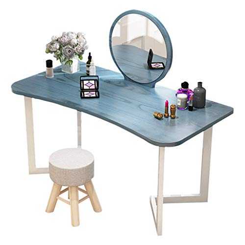 xuejuanshop Makeup Dressing Table Vanity Table Set With Round Mirror Makeup Dressing Table Writing Desk With Cushioning Makeup Stool Easy Assembly Vanity Table (Color : Blue)