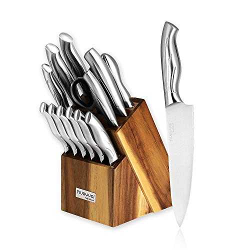 Kitchen Knife Block Set – 14-Piece Knife Set with Hardwood Block – Stainless Steel Blades – Hollow Knife Set for Chopping, Slicing, Dicing – by Nuovva