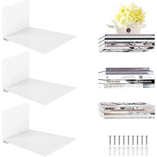 Sheeliy Floating Shelves, Floating Bookshelf for Wall, Invisible Bookshelves, Modern Metal Bookshelves for Bedroom Living Room, Set of 3, White